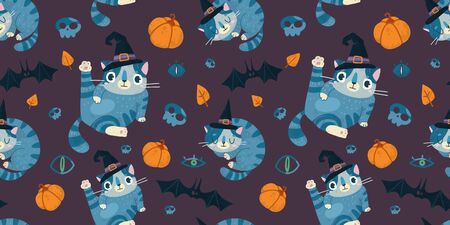 Halloween seamless pattern with cute cat in a witch hat, bats and pumpkin. Hand drawn style. For party decoration, posters, invitations, labels, social media posts.のイラスト素材