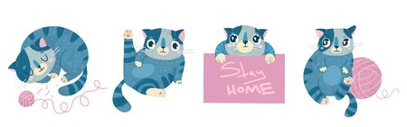 stock illustration with cute cats, hand drawn style. Cozy mood, hygiene concept. Sample element for greeting card, posters, social media posts and scrapbooks.のイラスト素材