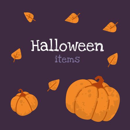 Helloween vector stock illustration with halloween stuff: witch hats, bats, pumpkins, skull, eyes and autumn leaves. Hand drawn style. For party decoration, posters, invitations, social media posts.のイラスト素材