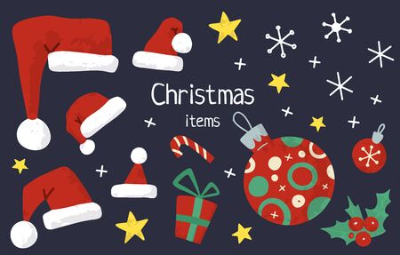 Christmas and New Year holiday vector stock illustration with Christmas stuff. Hand drawn  style.  For greeting card, winter posters, tags, invitations, labels, social media posts and scrapbooks.のイラスト素材