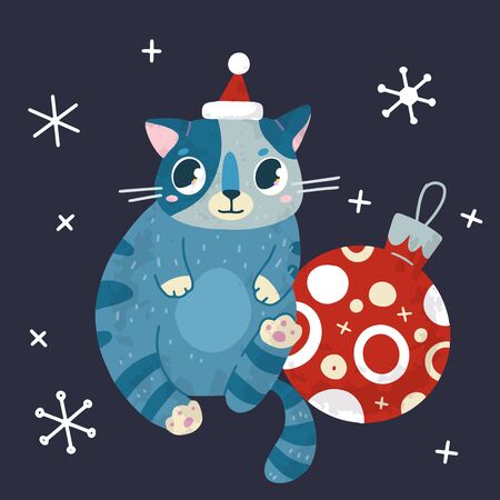 Christmas and New Year holiday stock illustration with cute cat and snow. Hand drawn  style.  For greeting card, winter posters, tags, invitations, labels, social media posts and scrapbooks.のイラスト素材