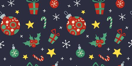 Christmas and New Year holiday seamless pattern with Christmas stuff. Hand drawn  style.  For for wrapping paper, background, textile, social media posts.のイラスト素材