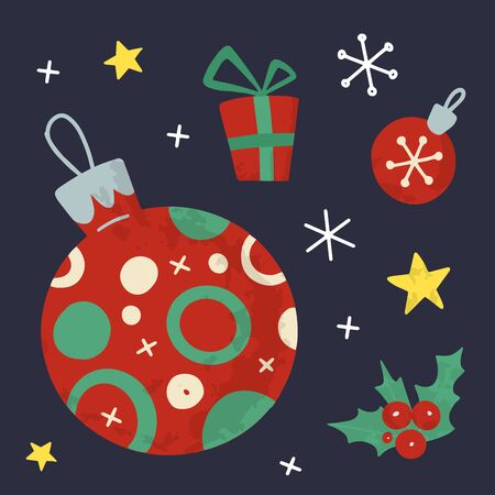 Christmas and New Year holiday vector stock illustration with Christmas stuff. Hand drawn  style.  For greeting card, winter posters, tags, invitations, labels, social media posts and scrapbooks.のイラスト素材
