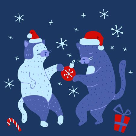 Dancing Cats isolated on  background. Christmas and New Year holiday. Couple at the party. Flat cartoon vector illustration, hand drawn style.のイラスト素材