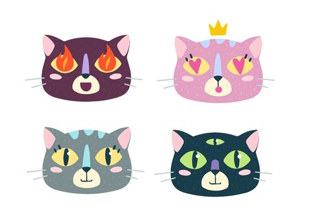 Bundle of cartoon animal muzzles, avatars, emoji: happy, smile, in love, passion, fire, amazement, supernatural. Cute funny cat faces icons isolated on white background. Flat vector illustration.のイラスト素材