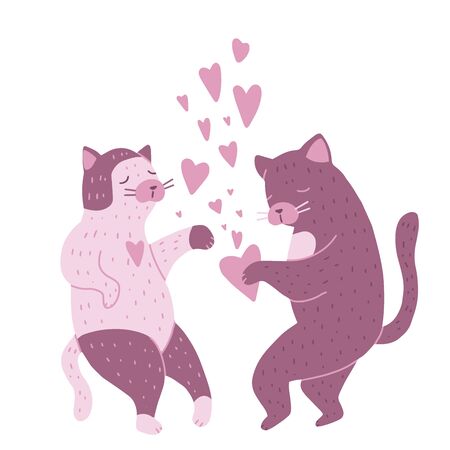 Dancing Cats isolated on white background. Couple at the party, Valentine's Day. Flat cartoon vector illustration, hand drawn style.のイラスト素材