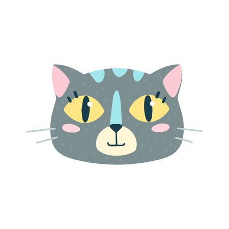Highlights Stories cover, avatar, emoji: happy, smile. Cute funny cat face. Cartoon animal muzzle isolated on white background. Flat vector illustration, hand drawn style. Editable icon.のイラスト素材