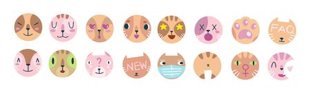 Big set of various vector highlight covers: favorites, new, FAQ, help, reviews. Cute funny cat face. Cartoon animal muzzle isolated on white background. Flat vector illustration, hand drawn style. のイラスト素材