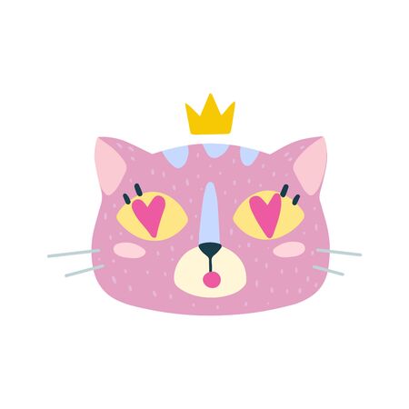 Highlights Stories cover, avatar, emoji: in love. Cute funny cat face. Cartoon animal muzzle isolated on white background. Flat vector illustration, hand drawn style. Editable icon.のイラスト素材