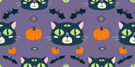 Seamless pattern with cute funny cat face. Helloween theme,  bats and pumpkin.Cartoon animal muzzle isolated on background. Flat vector illustration: third eye, supernatural. のイラスト素材