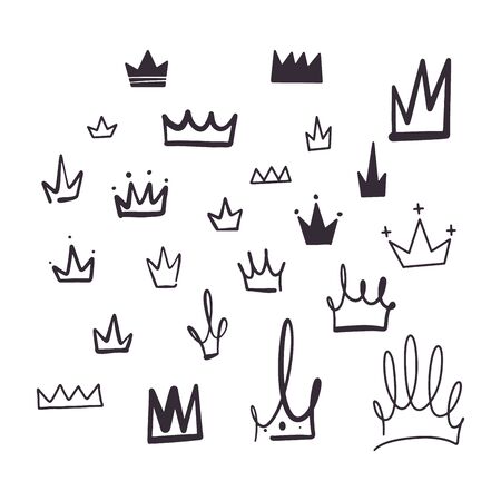 Vector stock illustration with various doodle crowns, hand drawn, doodle style. Sample element isolated on white. Line contour, outline.のイラスト素材