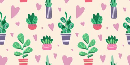 House plants in pots and vases. Beautiful hand drawn isolated element vector seamless pattern. Home decor and gardening. Floristic concept. Indoor botany. Modern design elements. House flowers.のイラスト素材
