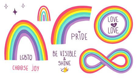 LGBTQ+ related symbols set in rainbow colors: Heart, Peace, Rainbow, Love isolated on white background. Flat cartoon vector illustration, hand drawn style.のイラスト素材