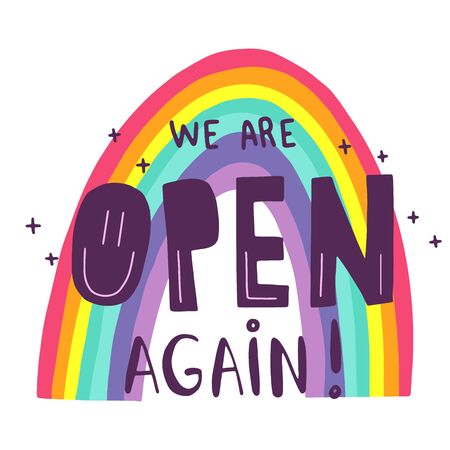 We are open again vector lettering for shops and services quarantine time, welcoming lettering in hand drawn cartoon style,  bold font inscription for advertising or information messages.のイラスト素材