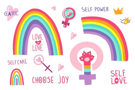 LGBTQ+ and Feminism related symbols set in rainbow colors: Heart, Peace, Rainbow, Love, Venus Mirror isolated on white background. Flat cartoon vector illustration, hand drawn style.のイラスト素材