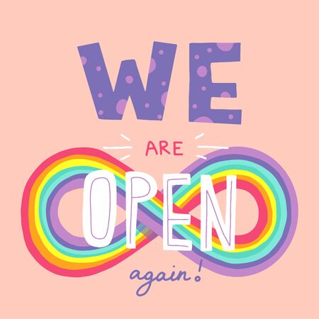 We are open again vector lettering for shops and services quarantine time, welcoming lettering in hand drawn cartoon style,  bold font inscription for advertising or information messages.のイラスト素材