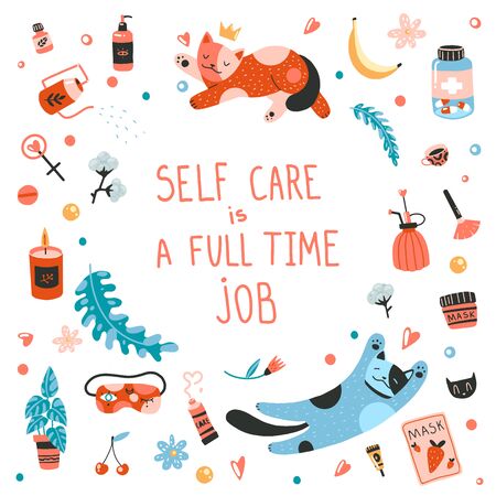 Lettering Self care is a full time job. Cats, cosmetics, vitamins, cozy things. Flat cartoon vector illustration, hand drawn style, isolated on white. Positive, health, beauty and wellness concept.のイラスト素材