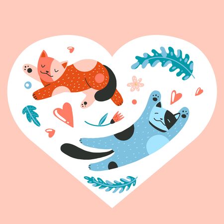Valentine. Flat cartoon vector illustration with cats, flowers, leaves, hearts, cozy things, hand drawn style, isolated on white. Positive, love, beauty and wellness concept.  のイラスト素材