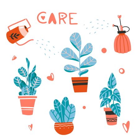 Care for house plants, watering, spraying. Beautiful hand drawn isolated element vector set. Home decor and gardening. Floristic concept. Indoor botany. Modern design elements. House flowers.のイラスト素材