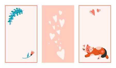Trendy editable template for stories. Flat cartoon vector illustration with cats, flowers, leaves, hearts, hand drawn style. Positive and wellness concept. Design backgrounds for social media.のイラスト素材