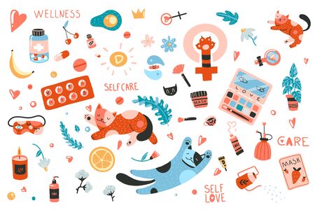 Set of design elements on self-care theme: cats, cosmetics, vitamins, cozy things. Flat cartoon vector illustration, hand drawn style, isolated on white. Positive, health, beauty and wellness concept. のイラスト素材