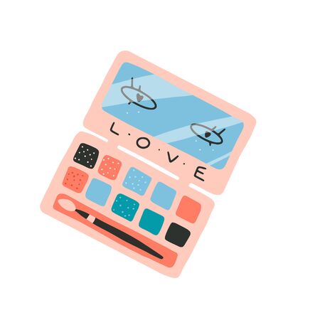 Flat cartoon vector illustration with eye shadow palette, hand drawn style, isolated on white. Positive, love, beauty and wellness concept.のイラスト素材