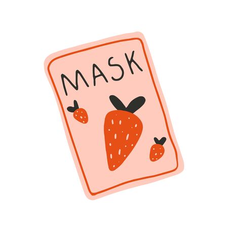 Flat cartoon vector illustration with facial sheet mask sachet package, hand drawn style, isolated on white. Positive, love, beauty and wellness concept.のイラスト素材