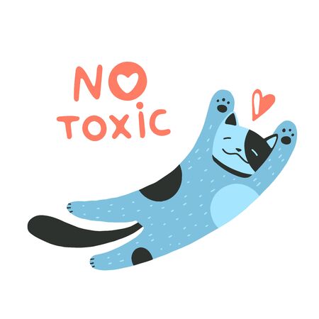 Flat cartoon vector illustration with cat, hand drawn style, isolated on white. Positive, love, beauty and wellness concept.のイラスト素材