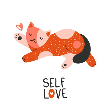Flat cartoon vector illustration with cat, hand drawn style, isolated on white. Positive, love, beauty and wellness concept.のイラスト素材