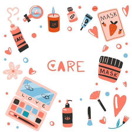 Set of design elements on cosmetic, self-care theme: mask,  cream, palette. Flat cartoon vector illustration, hand drawn style, isolated on white. Positive, health, beauty and wellness concept. のイラスト素材