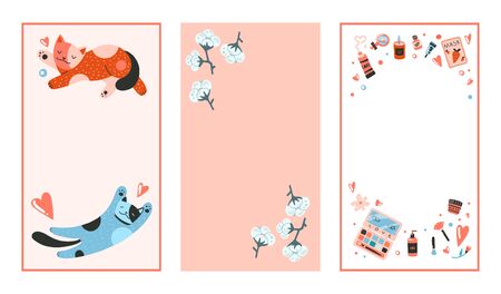 Trendy editable template for stories. Flat cartoon vector illustration with cats, cosmetic, cotton, hearts, hand drawn style. Positive and wellness concept. Design backgrounds for social media.のイラスト素材