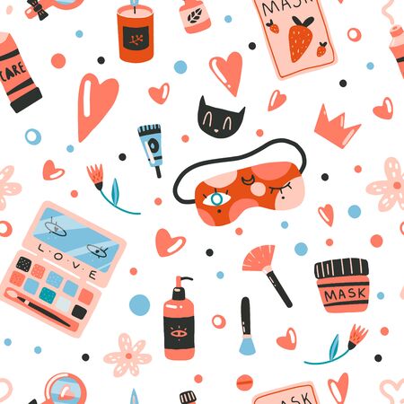 Set of design elements on self-care theme: cats, cosmetics, vitamins, cozy things. Flat cartoon vector illustration, hand drawn style, isolated on white. Positive, health, beauty and wellness concept. のイラスト素材
