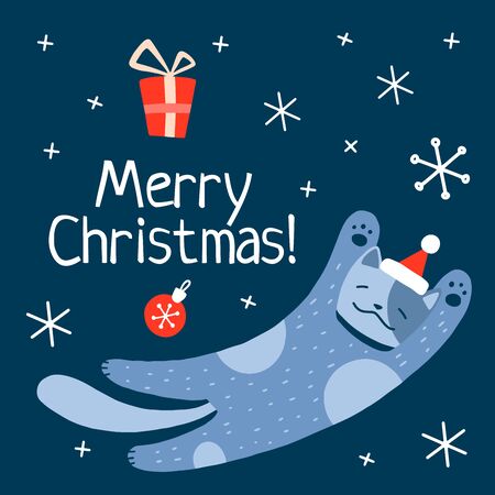 Christmas and New Year holiday vector stock illustration with cute cat and snow. Hand drawn  style.  For greeting card, winter posters, tags, invitations, labels, social media posts and scrapbooks.のイラスト素材