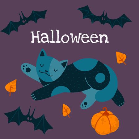 Helloween vector stock illustration with cute cat in a witch hat, bats and pumpkin. Hand drawn style. For party decoration, posters, invitations, labels, social media posts.のイラスト素材