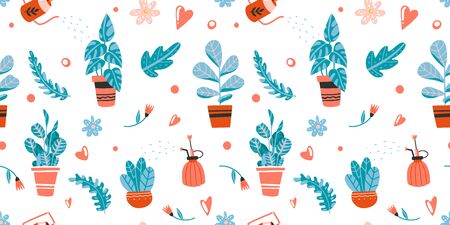 Seamless pattern with house plants care: watering, spraying. Hand drawn isolated element vector illustration. Home decor and gardening. Indoor botany. Modern design elements. House flowers.のイラスト素材