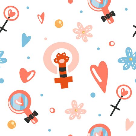 Seamless pattern, flat cartoon vector illustration with symbols of feminism, cat's paw, venus mirror, hearts, hand drawn style, isolated on white. Positive, love, care and peaceful concept.のイラスト素材