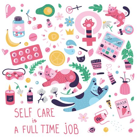 Set of design elements on self-care theme: cats, cosmetics, vitamins, cozy things. Flat cartoon vector illustration, hand drawn style, isolated on white. Positive, health, beauty and wellness concept. のイラスト素材