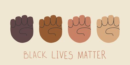 Black Lives Matter. Human hand. Fist raised up. Protest Banner about Human Right. Flat cartoon vector illustration, hand drawn style.のイラスト素材