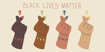 Black Lives Matter. Human hand. Fist raised up. Protest Banner about Human Right. Flat cartoon vector illustration, hand drawn style.のイラスト素材