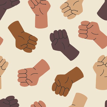 Black Lives Matter. Human hand. Fist raised up. Seamless pattern about Human Right. Flat cartoon vector illustration, hand drawn style.のイラスト素材