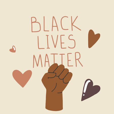 Black Lives Matter. Human hand. Fist raised up. Protest Banner about Human Right. Flat cartoon vector illustration, hand drawn style.のイラスト素材