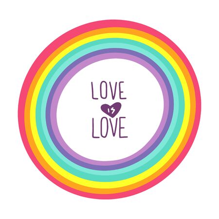 Love is love - LGBT pride slogan against homosexual discrimination. Modern calligraphy on rainbow isolated on white background. Flat cartoon vector illustration, hand drawn style.のイラスト素材