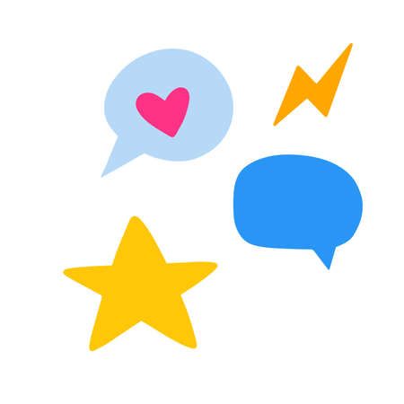 Star, lightning, bubble, heart signs. Simple element isolated on white background. Flat cartoon vector illustrationのイラスト素材