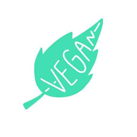 Vegan sign. Green leaf. Healthly food concept icon. Simple element isolated on white background. Flat cartoon vector illustration, hand drawn style.のイラスト素材