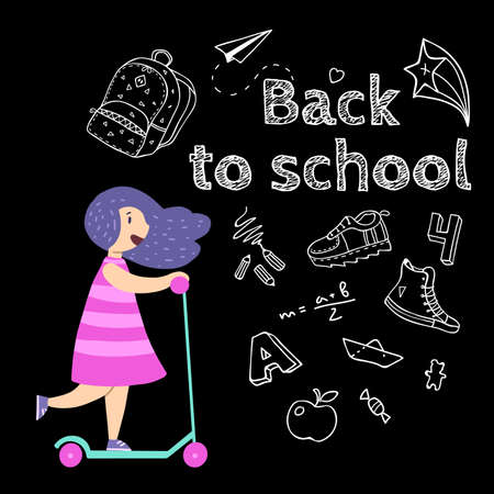 Happy girl on a scooter going to school, modern flat vector illustration. Back to school, blackboard, chalk drawings. Smiling cartoon character.のイラスト素材