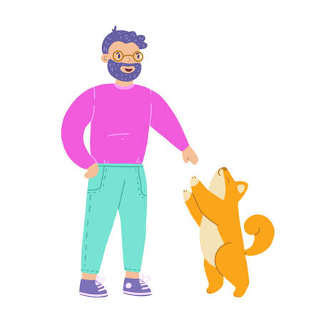 Happy young man with dog, Shiba Inu. Modern flat vector illustration. Smiling cartoon character.のイラスト素材