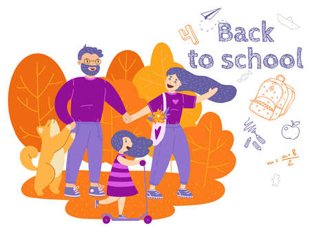 Happy young family walk together to school, modern flat cartoon vector illustration. Mom, dad, children, and pet. Back to school, blackboard, chalk drawings. Girl on a scooter.のイラスト素材