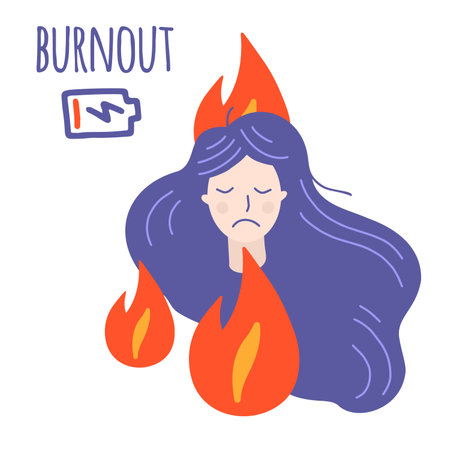 work burnout. professional burnout syndrome. Tired woman in stress. Mental problems, depressed female worker with low energy battery in fire. Flat cartoon vector illustration.のイラスト素材