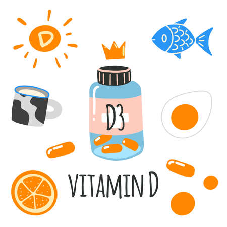 Vitamin D. Jar with pills, sun, fish, milk, orange, egg. Flat cartoon vector illustration, hand drawn style, isolated on white. Positive, health, beauty and wellness concept.のイラスト素材