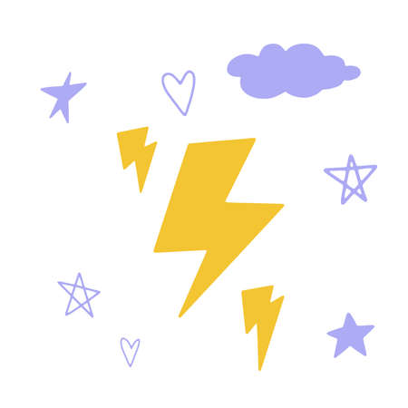 Flat cartoon vector illustration with cute lightnings, hearts and stars, hand drawn style. isolated on white. Delicate, dreamy mood, pastel colors.のイラスト素材